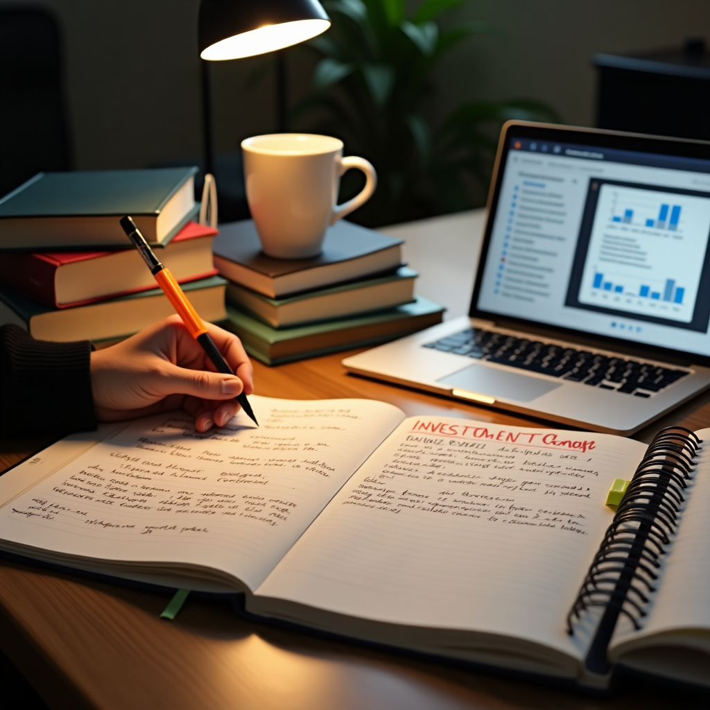 Person studying investment materials with financial charts and books